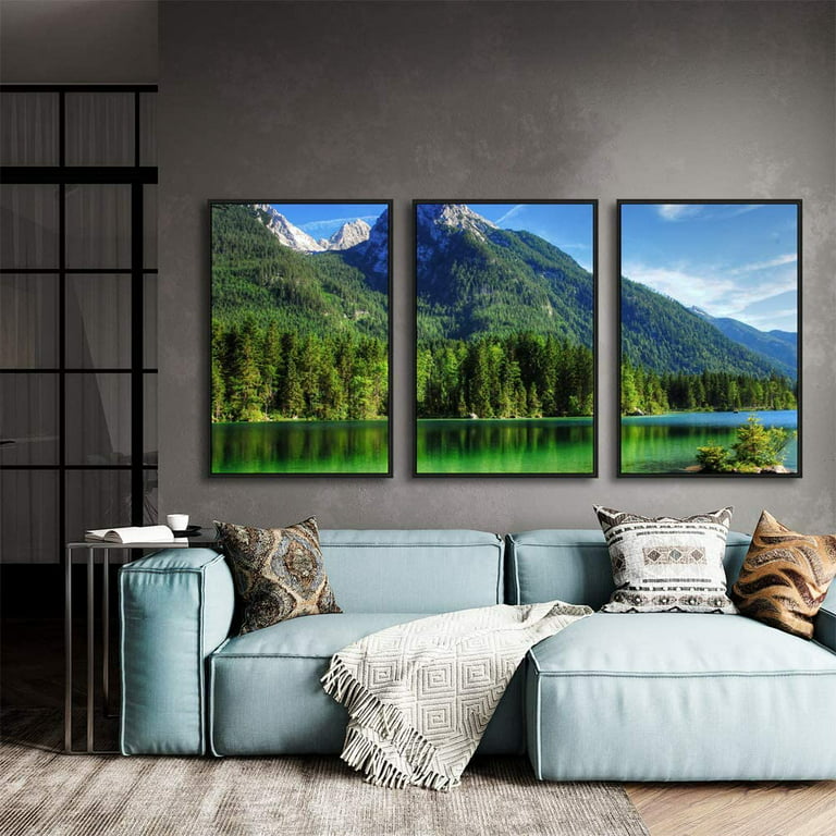 PixonSign Framed Canvas Print Wall Art Set - Sage Green Mountain Range Pine  Tree Forest Art - Set of 3 Nature Wilderness Landscape Wall Décor for