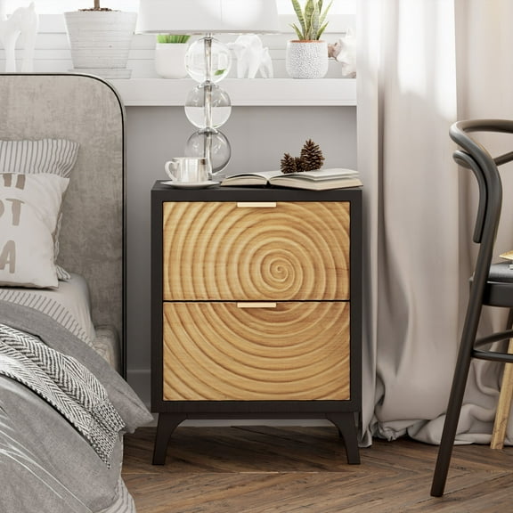 COZAYH Modern Farmhouse Nightstand, Drawer with Handcrafted Wood Ring Motif, 2-Drawer Black Nightstand with Short Iron Legs and Handles