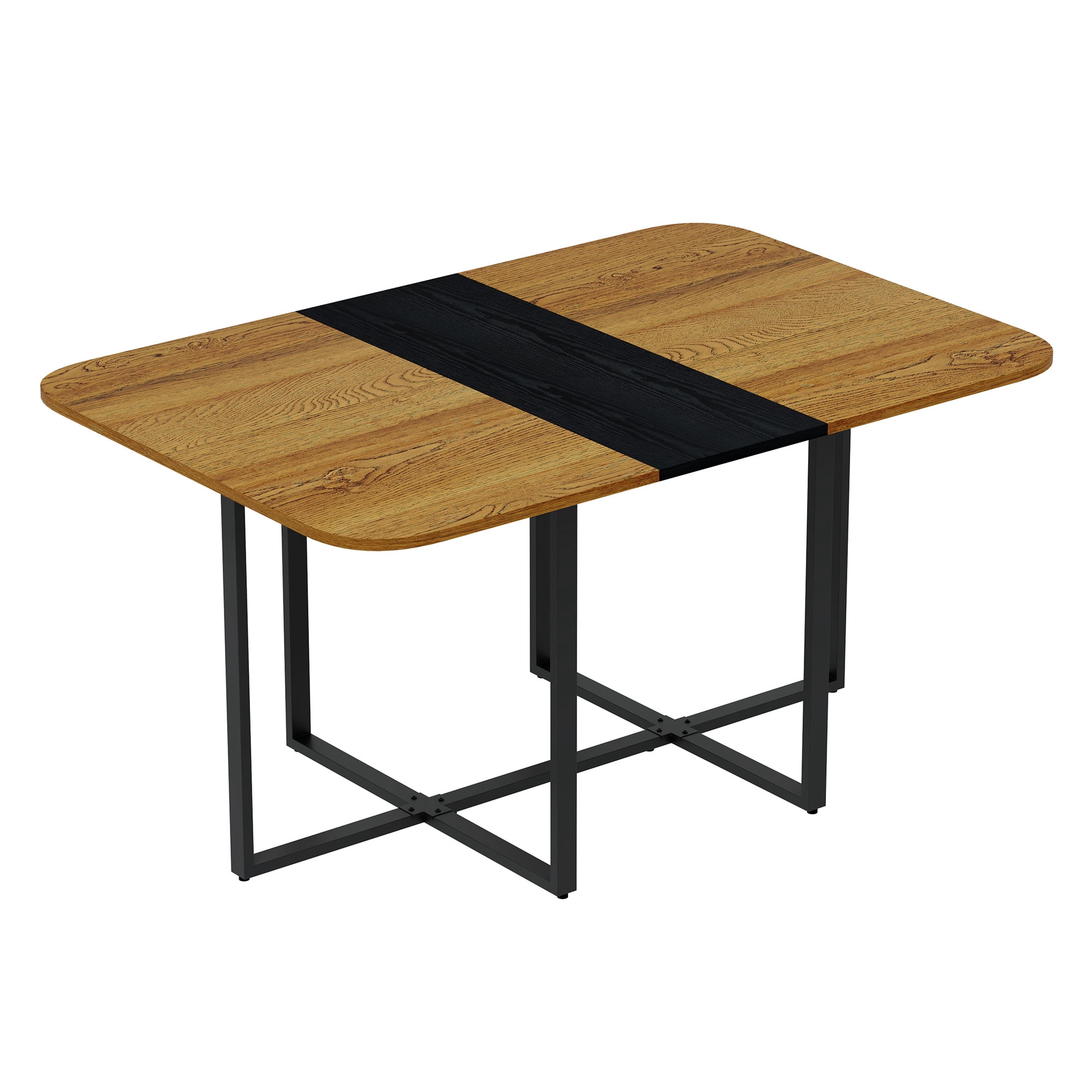 Aukfa 7 Piece Dining Set with 6 PU Leather Chairs,Rectangular 59" Two-Tone Wood Grain Kitchen Table,Metal Frame,Black