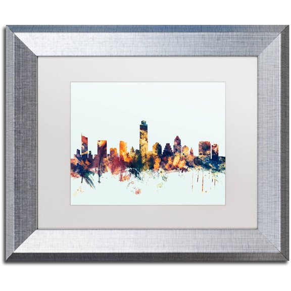 Trademark Fine Art "Austin Texas Skyline Blue" Canvas Art by Michael Tompsett, White Matte, Silver Frame