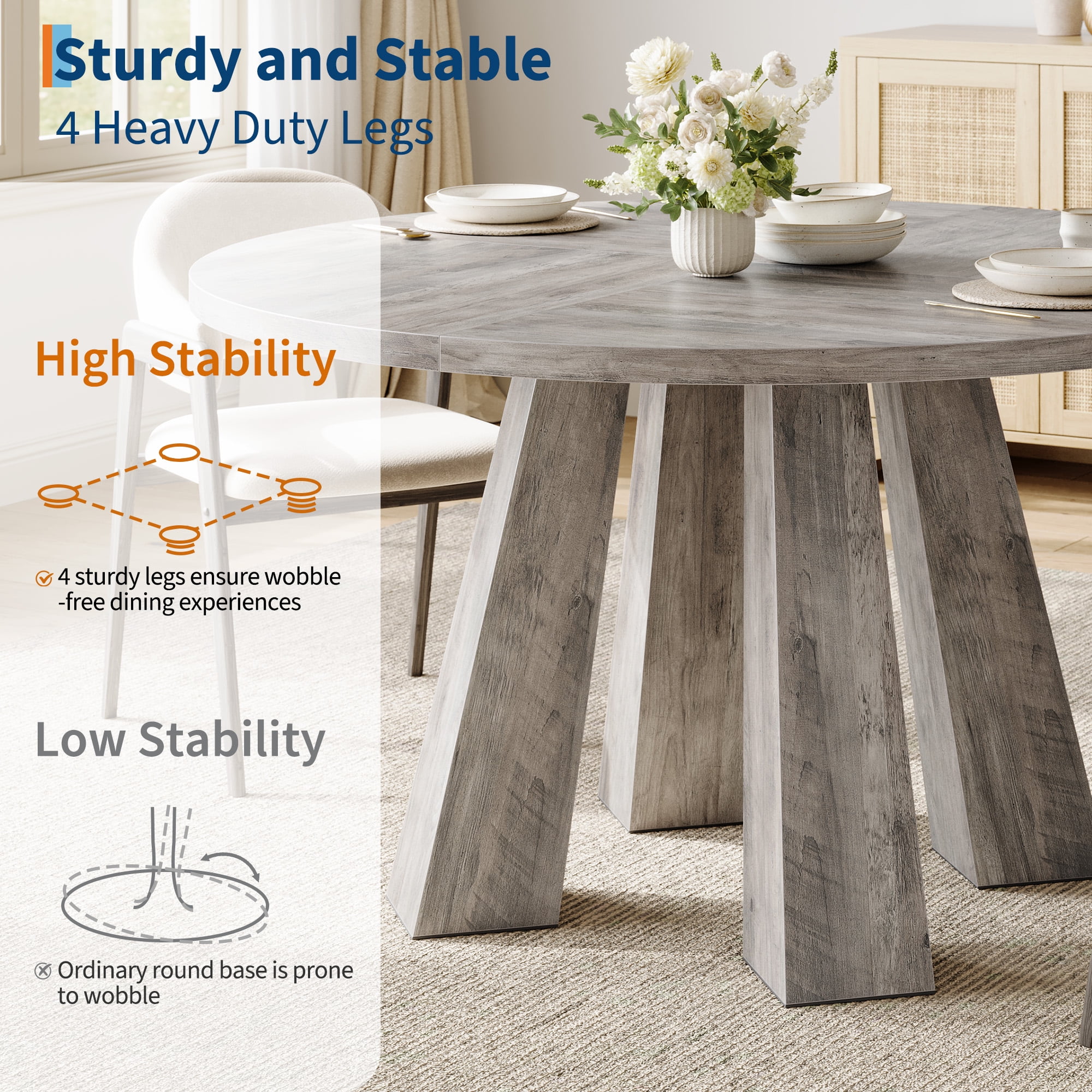 M optimized 47" Round Dining Table for 4-6, Wood Kitchen Table with 4 Strong Legs, Farmhouse Circle Dinner Table for Dining Room, Living Room
