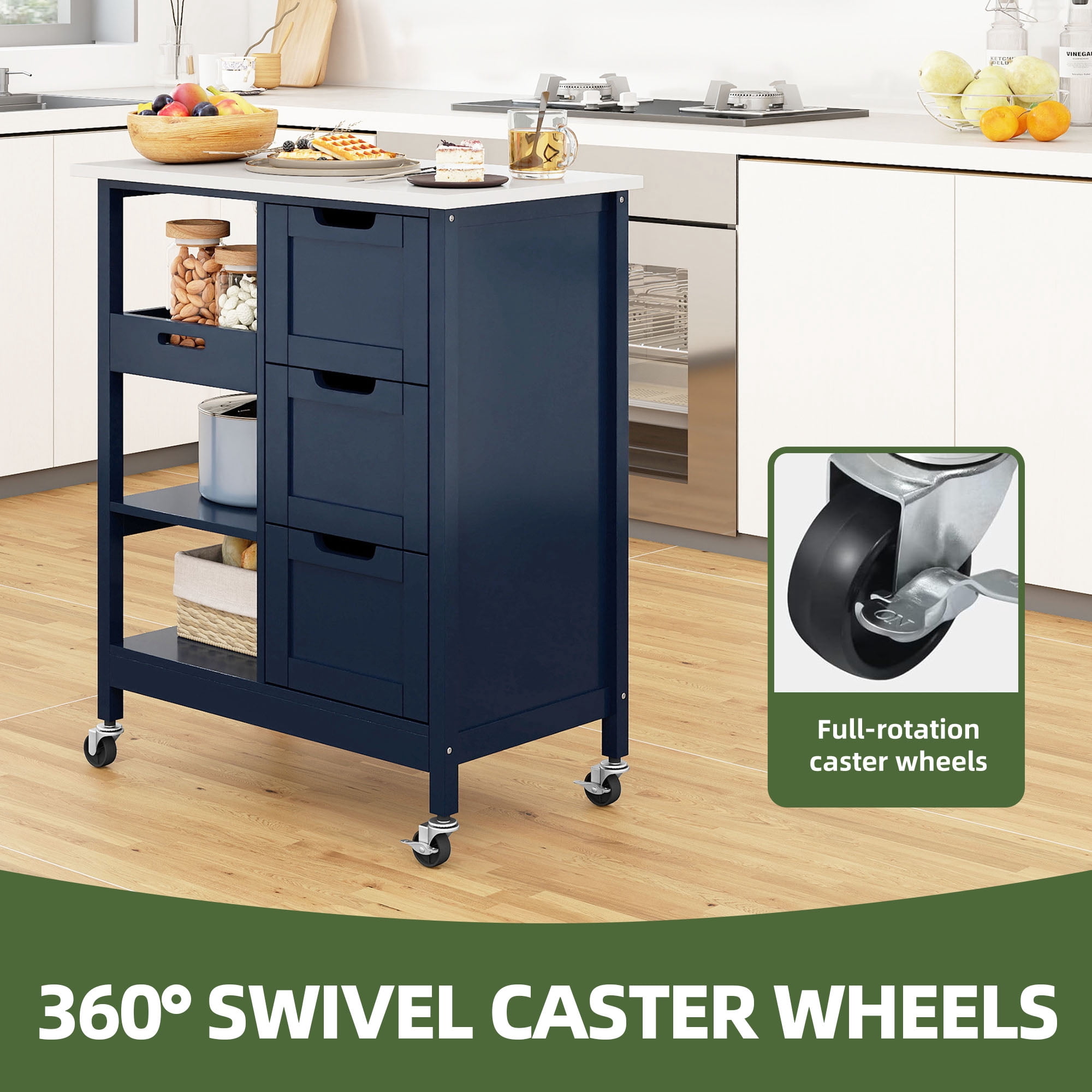 Uforic Kitchen Storage Cart with Drawers & Open Shelves, Rolling Kitchen Island, Blue