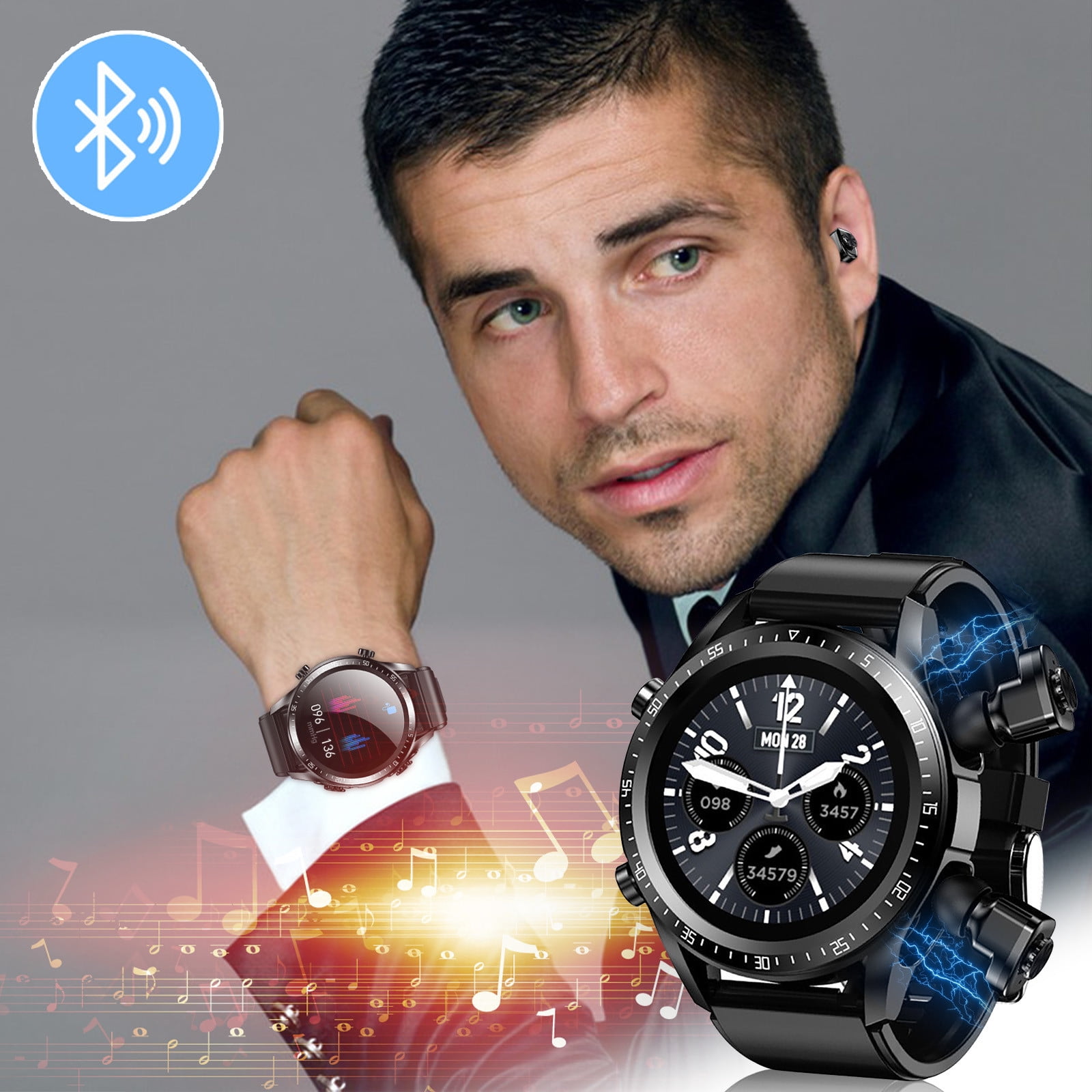Cut Prices Health and Fitness Watch Bluetooth Smart Watch With Earbuds Round Fitness Watch With Pedometer Calories Sleep Monitor Stress Monitor For IOS And Android Calorie Counter Watch Walmart