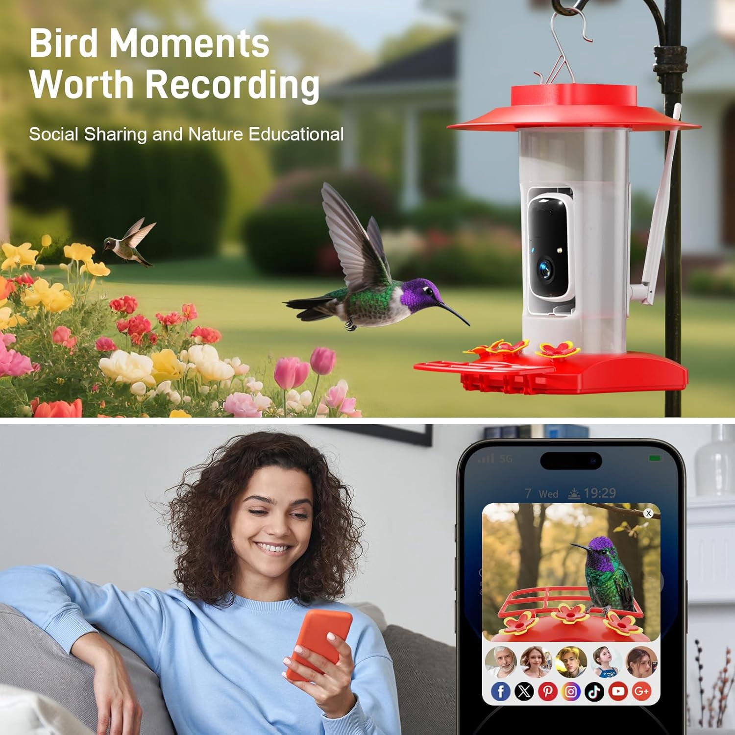 Hummingbird Feeder with Camera Outdoor, SV3C Hanging Bird Feeder with Ant Moat & Bee-Proof, HD 2K Solar Powered, AI Bird Identify, Instant App Alerts, Auto Capture, Hummingbird Lover Gifts, 21oz