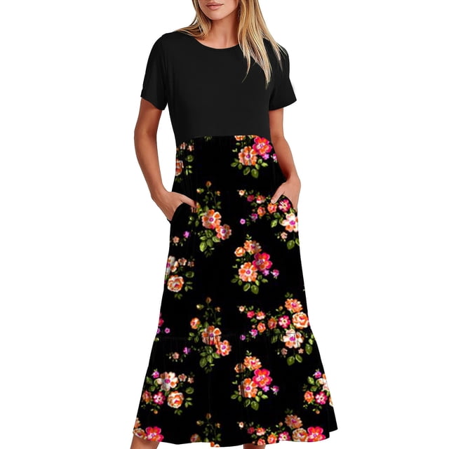 Fankiway Robe à Manches Courtes Col Rond Mi-Mollet Double Poche Imprimé Floral Robe à Manches Courtes Col Rond Robes Grande Taille pour Femmes Courbes Robes de Printemps pour Femmes 3631