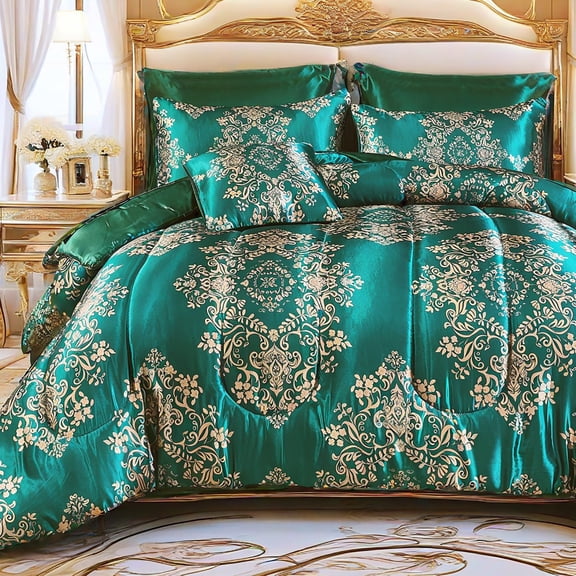 Green Satin  Comforter Set King Size 8 Pieces Bed in a Bag Set Silk Like Satin Comforter Set Luxurious and Vintage Green European Floral Pattern Silky Bedding Set for Room Decor