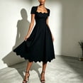 thumbnail image 3 of Women's Square Neck Short Sleeve Midi Dress, Scalloped Trim High Waist Flared A-Line Solid Retro Swing Dress Black XL(XL), 3 of 7