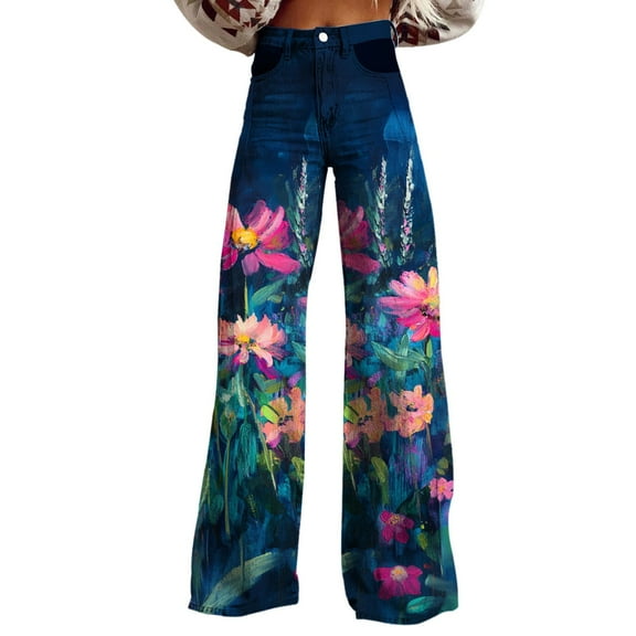 yunLCZ Women's Wide Leg Pants Wide Leg Pants Woman High Waist Floral Patterned Pants Lightweight Loose Fit Casual Colorful Trouser Imitation Jeans