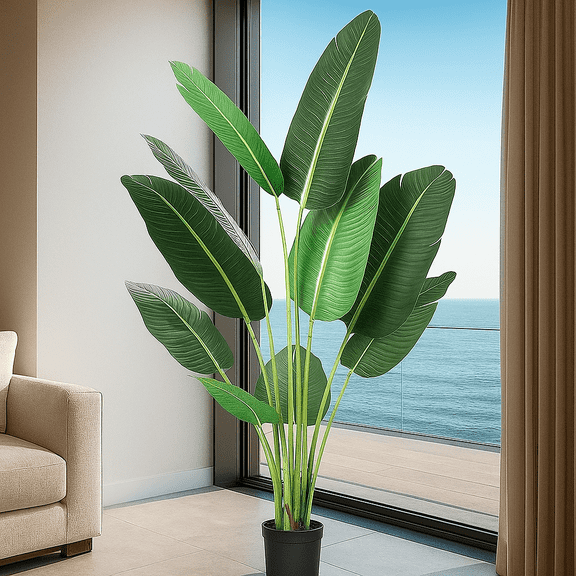LINBONIO 5 Feet Bird of Paradise Artificial Plant, Artificial Plants Indoor, Fake Plant for Home Office Wedding Decor, Black Flowerpot