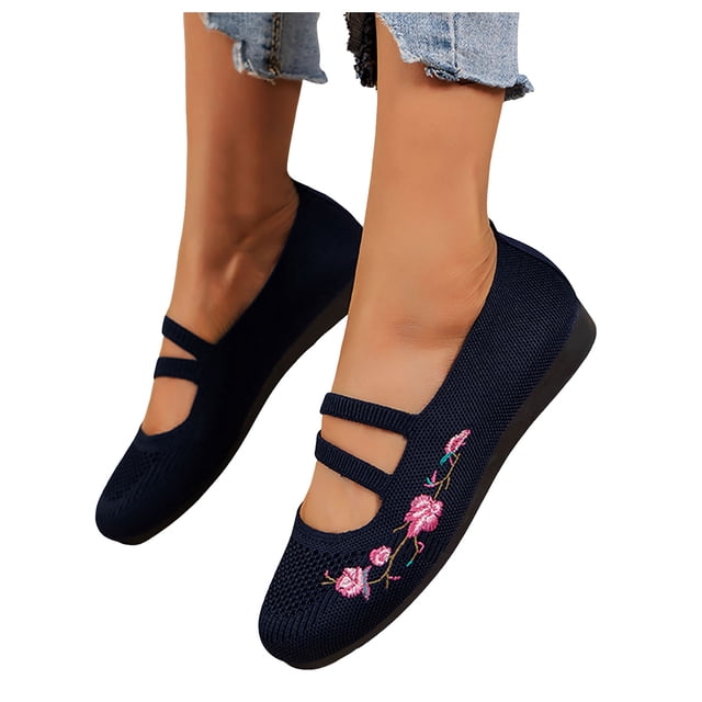 Ballerines pour Femmes Confortables à Fleurs Brodées, Chaussures de Robe à Bout Rond, à Enfiler, Ballerines de Marche, Petits Talons Compensés