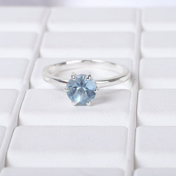 Aquamarine Round cut gemstone engagement ring 925 sterling silver ring, birthday gift for her