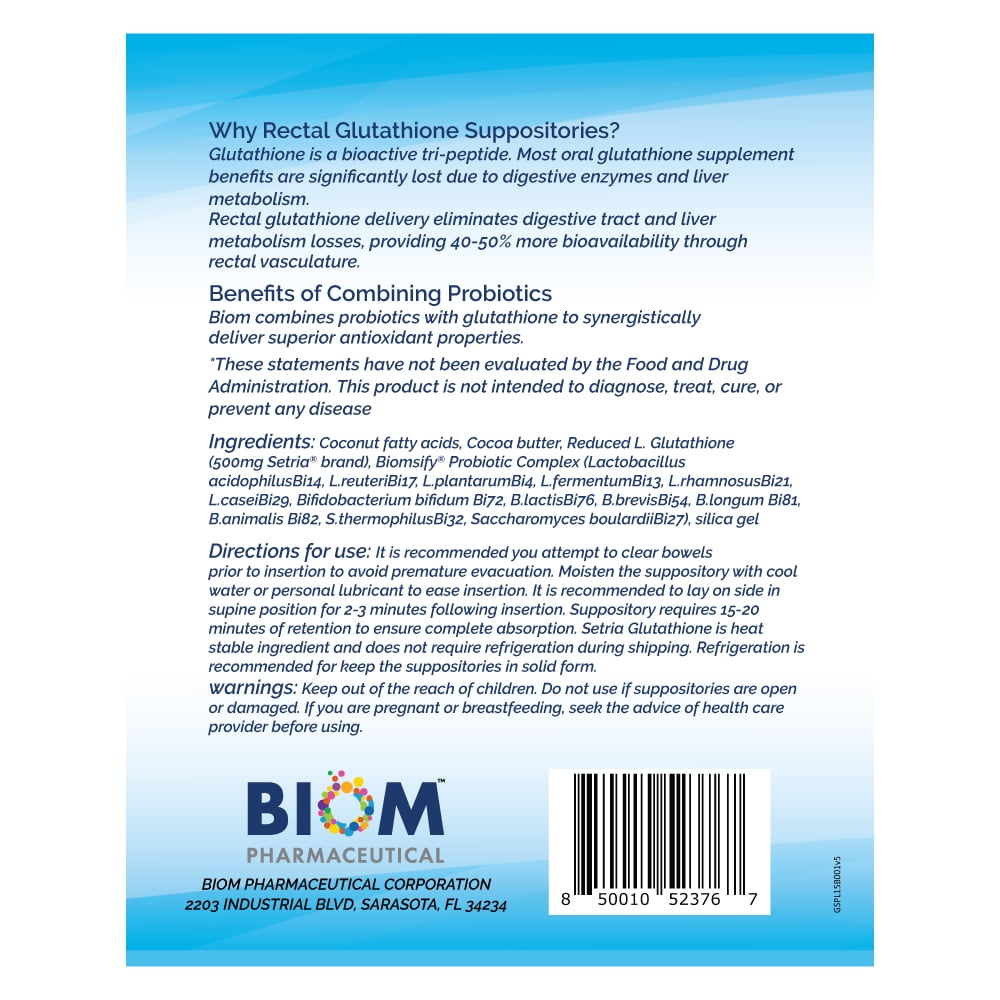 Biom Probiotics, L-Glutathione Suppositories for Adults, 500mg, Antioxidant, Immune Support Biom Probiotics, L-Glutathione Suppositories for Adults, 500mg, Antioxidant, Immune Support