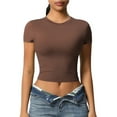 thumbnail image 3 of Htigea Women's Workout Crop Tops Short Sleeve Yoga Shirts Casual Athletic Running T-Shirts Brown,S, 3 of 7