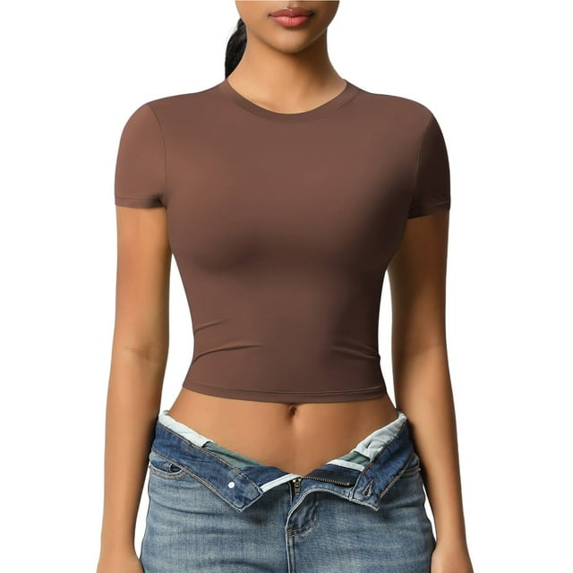 Yuyuzo Hauts de Sortie pour Femmes T-Shirts Athlétiques à Manches Courtes Col Rond Court Yoga Léger Séchage Rapide Extensible Basiques