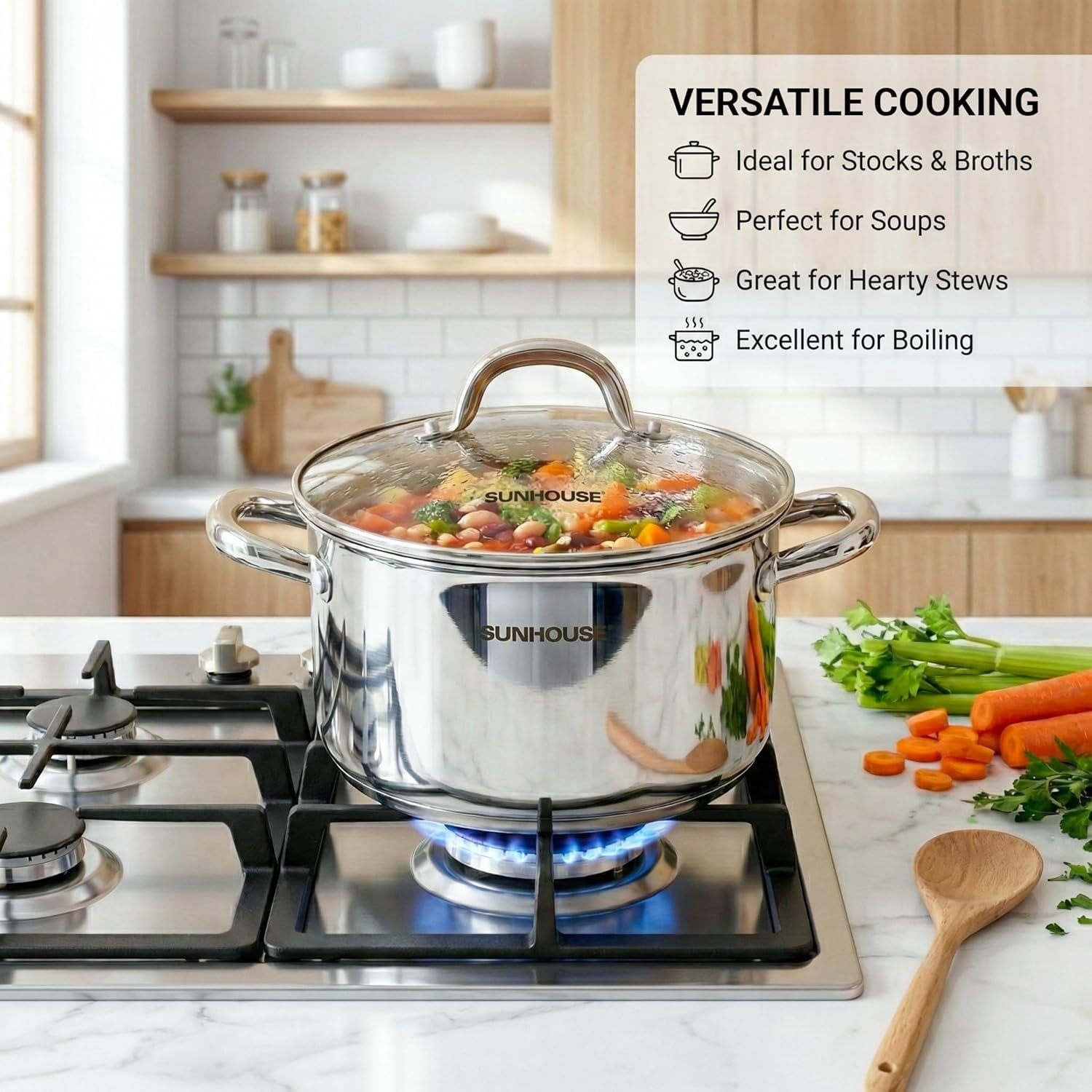 Sunhouse Professional 12-Quart Whole-Clad Multi-Ply Stainless Steel Stock Pot with Lid - Premium 18/10 - Induction Ready, Oven Safe Dishwasher Safe Cooking Pot
