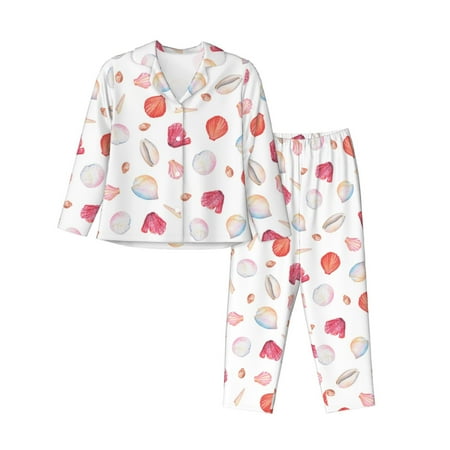 Fotbe Red coral and scallop seashell Pattern Long Sleeve Pajama Set for Women Sleepwear Set 2-piece Loungewear Set Soft PJs Comfy Nightwear with Pockets -Large