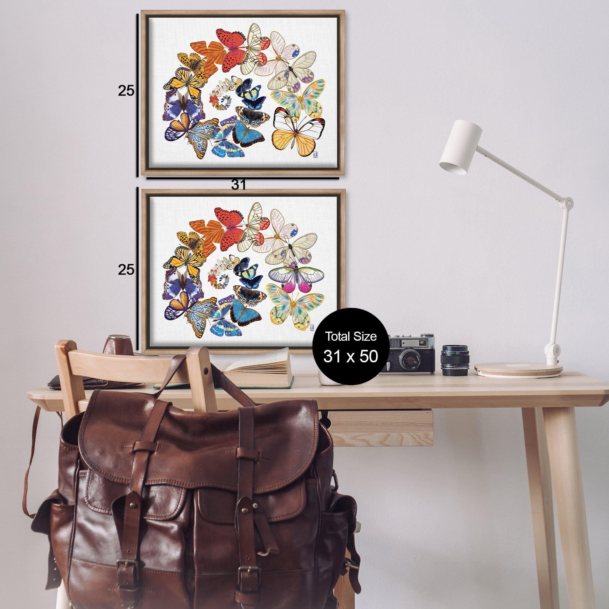 Stupell Industries Fly Away Butterfly Spirals Animals Painting Brown Floater Framed Canvas Art Print Wall Art, 31 x 25, Set of 2