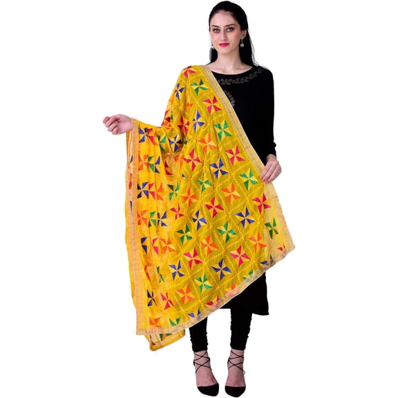 Phulkari / Dupatta /Chiffon Dupatta for Women, Embroidered Pankha Design, (Size 42 X 84 Inches)
