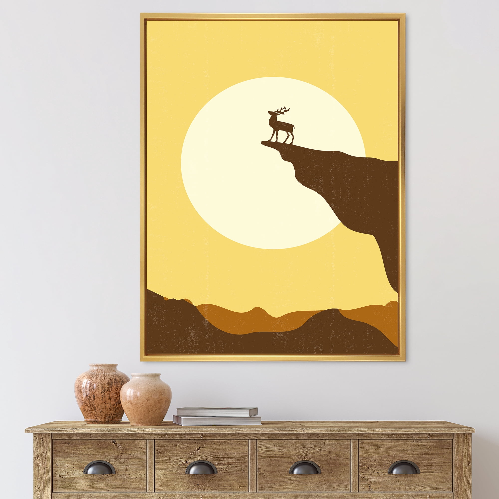 Designart 'Minimalistic Deer At Sunset On Mountain Top' Lake House Framed Canvas Wall Art Print