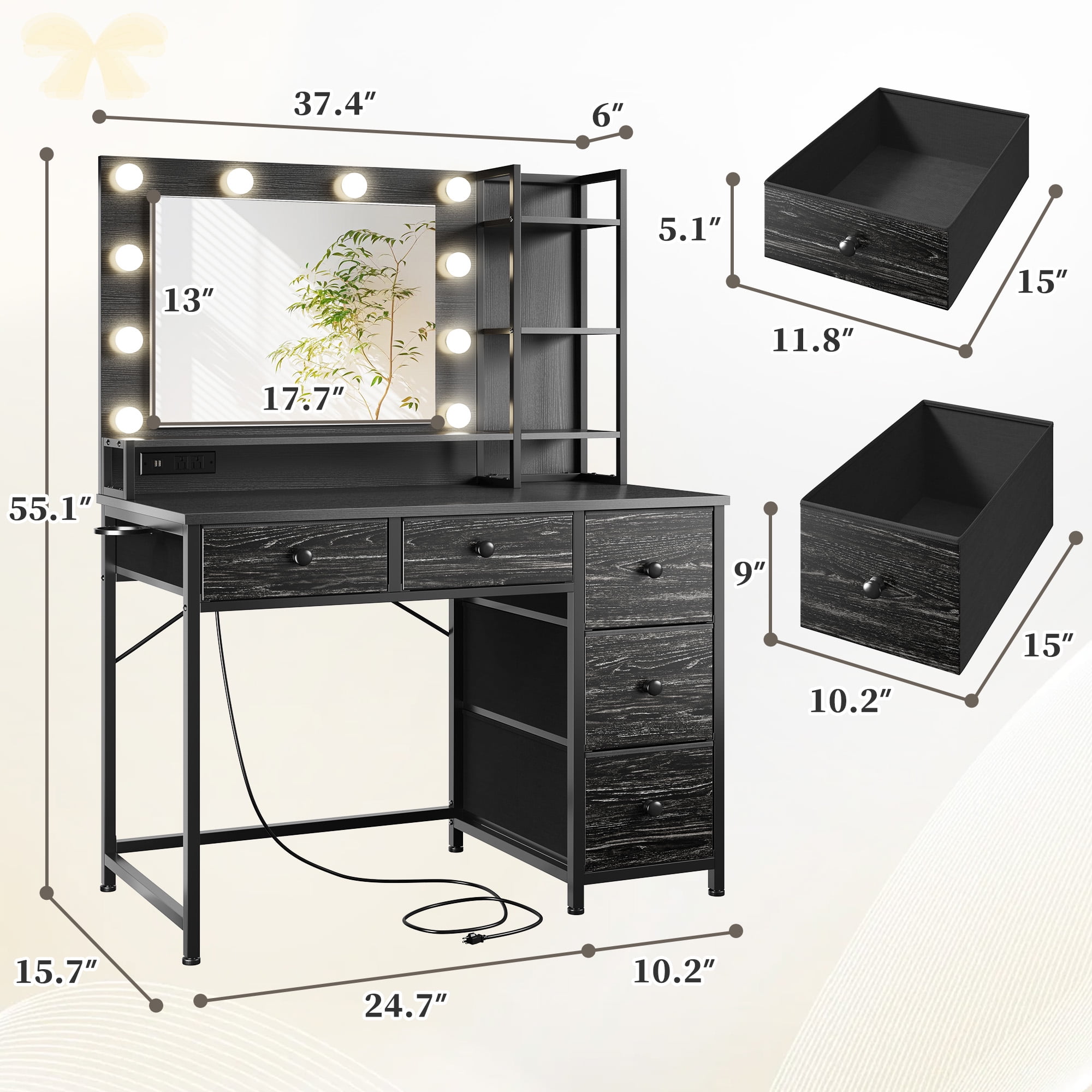 EnHomee Vanity Desk with Mirror and Lights Makeup Vanity Table with 5 Fabric Drawers & Hair Dryer Rack& Charge Port Dressing Table for Girl,Black