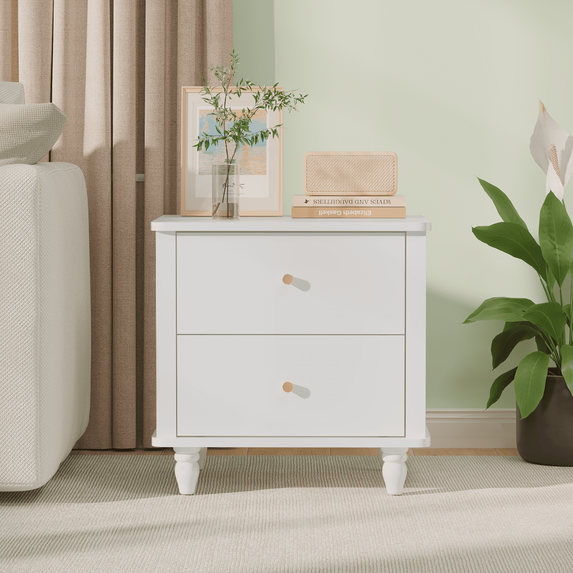 MDF Nightstand with 2 Drawers Rounded Legs White Bedside Table Nursery Living Room Furniture