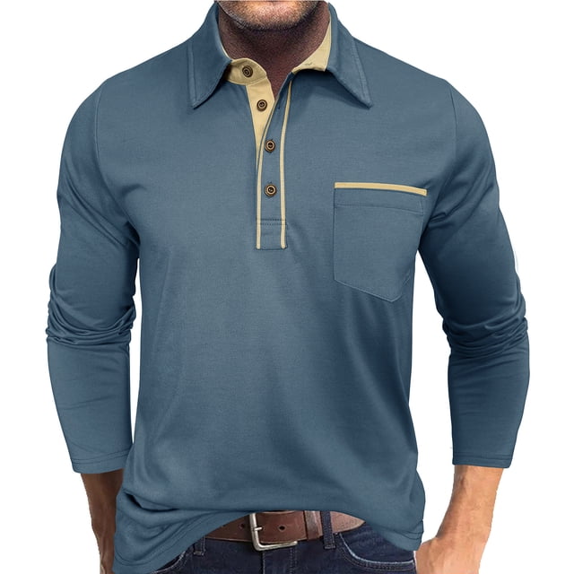 pstuiky mangas largas para hombre, Camiseta informal de manga larga con botones y retazos para hombre camisetas de hombre xl