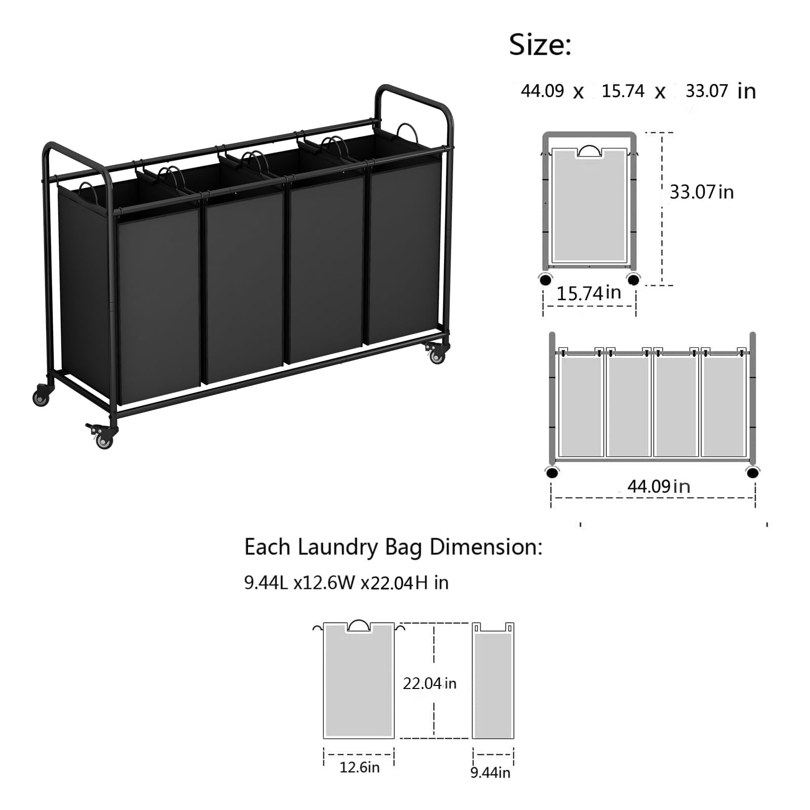 4 Bag Laundry Basket Sorter Laundry Hamper Cart with Heavy Duty Rolling Lockable Wheels and Removable Bags Organiser