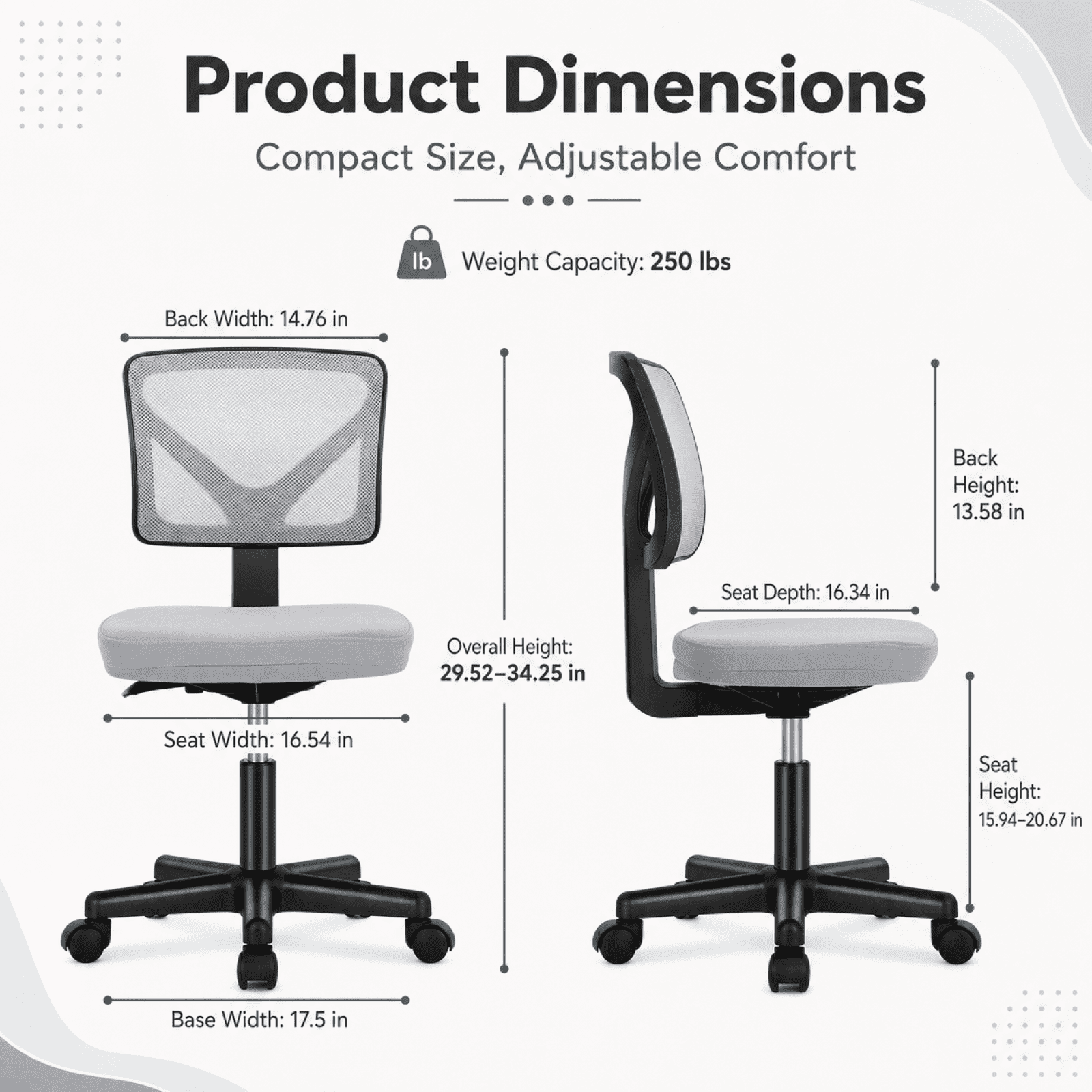 Kelno Small Desk Chair with Wheels Adjustable Computer Desk Chair with Lumbar Support Mesh Ergonomic Low-Back Office Chair, Gray