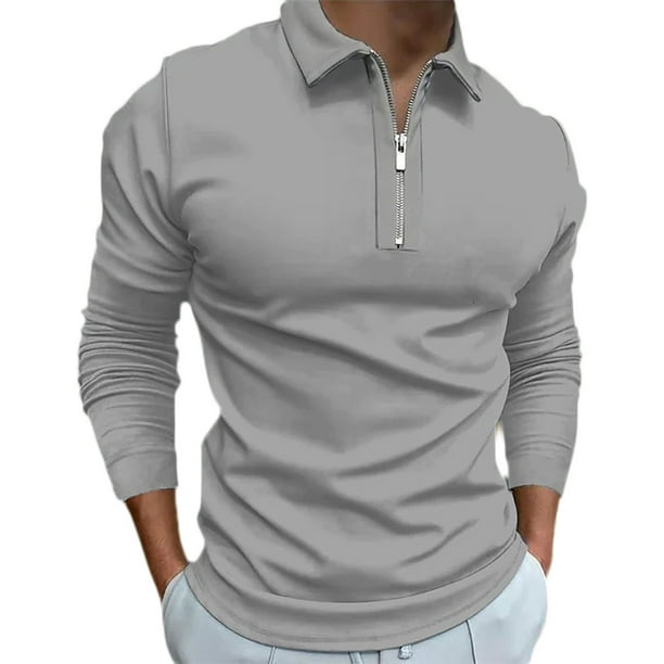 Gibobby Camisas polo Camisa informal con cremallera sólida para hombre, blusa con cuello vuelto, camisa de manga larga, camisa informal a la moda(Gris,CH)