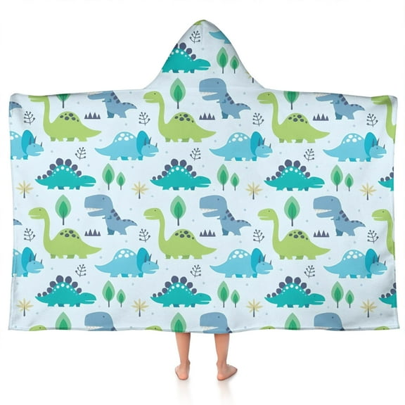 LightBlue Cartoon Dinosaurs Trees Pattern Hooded Bath Towel，50"x30" for Ages 3 To 12 Kids, Quick Dry Lightweight Soft Microfiber Hood Beach Towel Cover Up for Kids