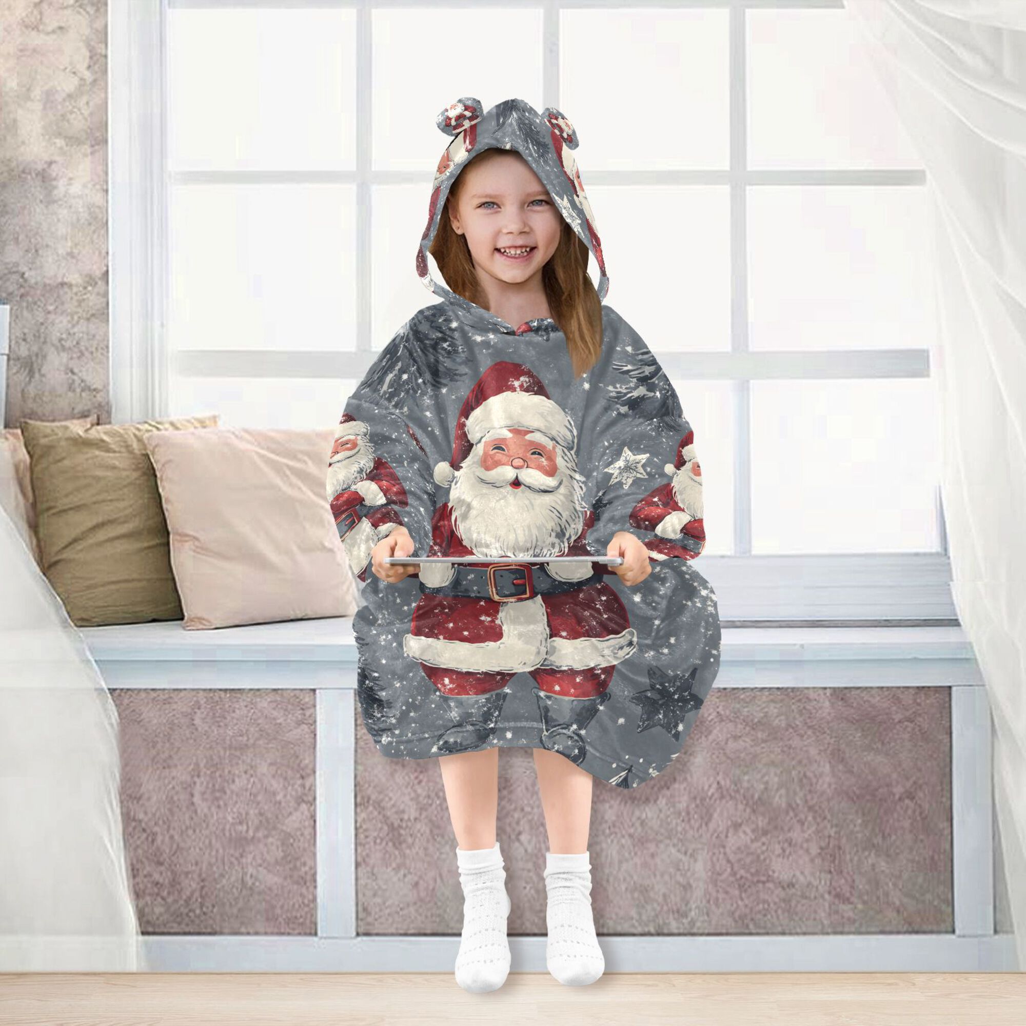 FORMRS Wearable Blanket Hoodie with Sleeves for Kids Cozy Flannel Sweatshirt, Christmas Santa