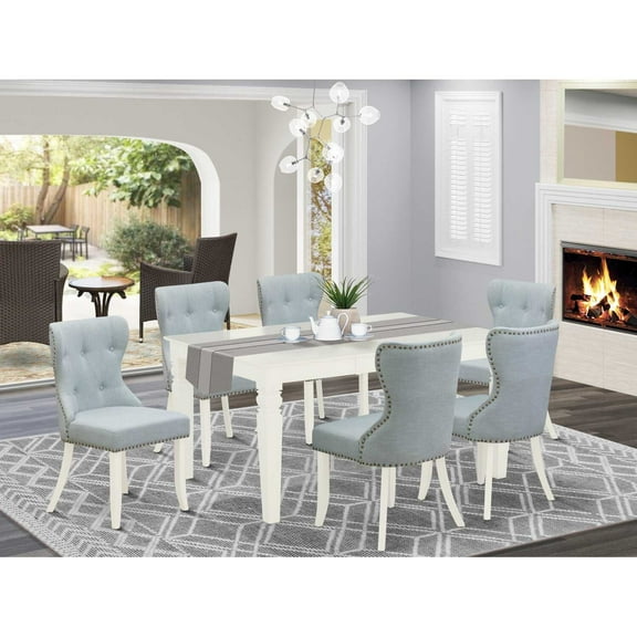 East West Furniture East-West Furniture WESI7-WHI-15 - A dining room table set of 6 amazing parson chairs with Linen Fabric Baby Blue color and a fantastic 18 butterfly leaf rectangle wooden table...
