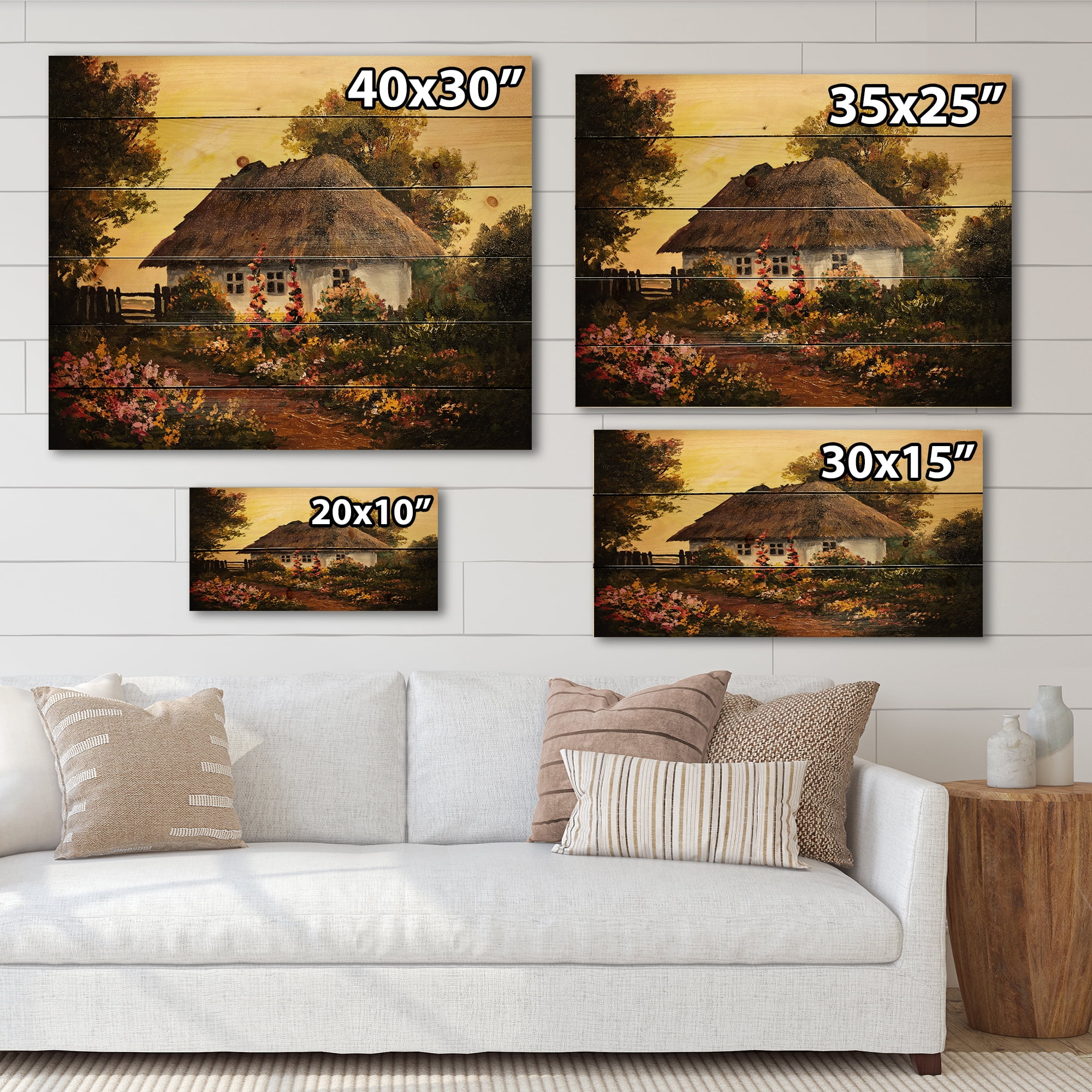 Designart 'Traditional Cottage At Sunset In Autumn Flowers' Traditional Print on Natural Pine Wood