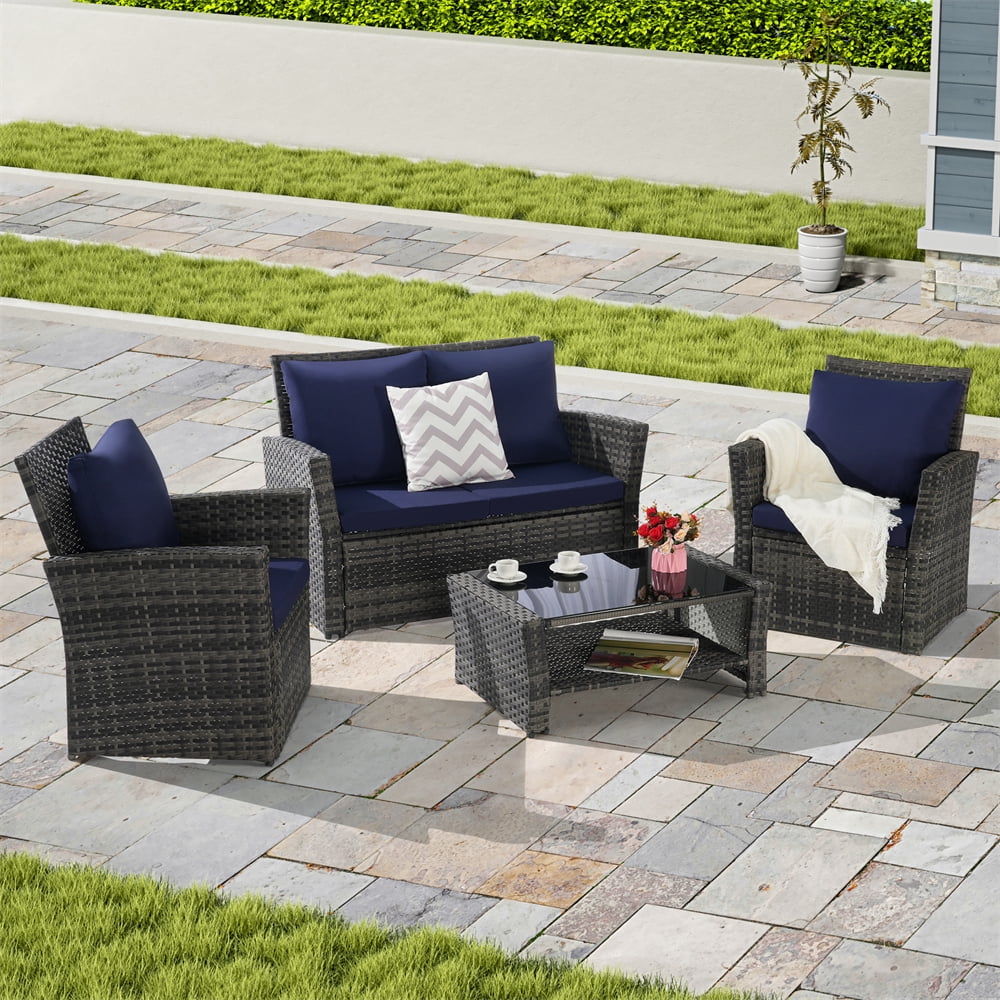 4 Pieces Patio Conversation Set, Outdoor Furniture Set with Cushion, Outside Sectional Rattan Wicker Sofa for Garden, Porch, Backyard, Blue