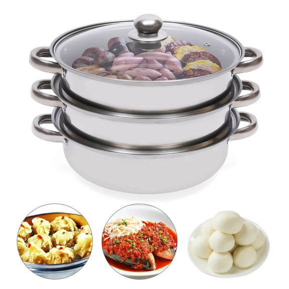 3-Tier Stainless Steel Steamer Pot with Glass Lid, 12.8-inch Multipurpose Cookware for Steaming and Cooking - Compatible with Induction, Gas, Electric Stoves - Easy to Clean, Fast Heating
