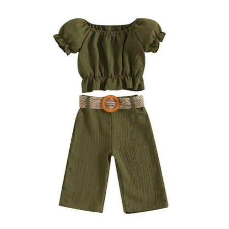 Fesfesfes Toddler Girls Cute Puff Sleeve Top and Pants Set Solid Color Flounce Belt Outfit Fashion 2Pcs Summer Clothes for Beach or Vacation(Green 18 Months)