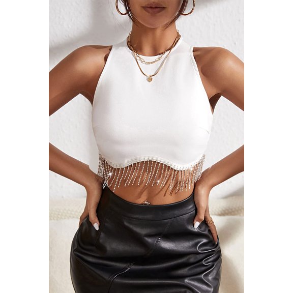 Rhinestone Fringe Zip Back Round Neck Cropped Top