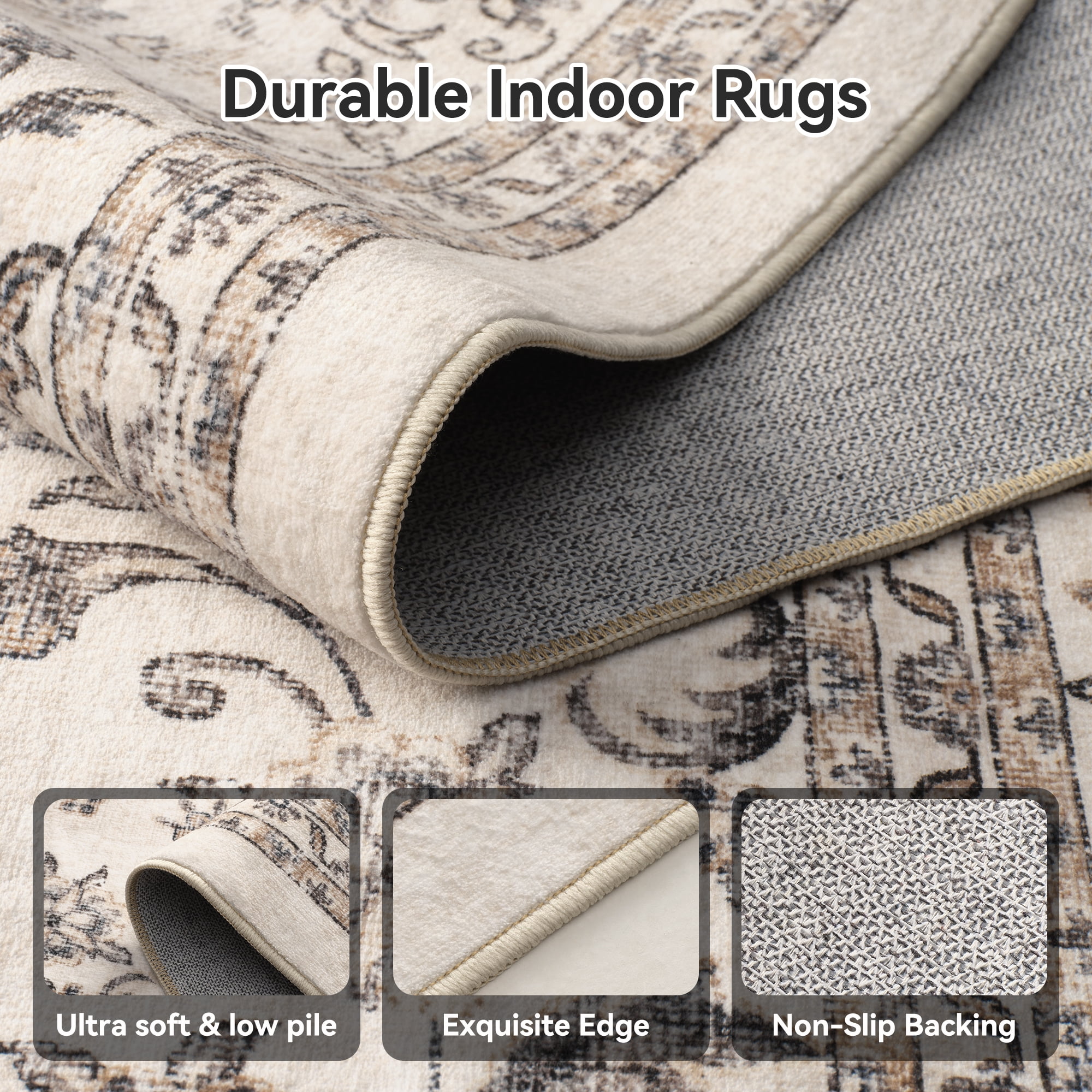 SIXHOME 9x12 Feet Washable Non-Slip Area Rug - Traditional Distressed Vintage Brown Rug with Retro Floral Design, Ultra-Soft Indoor Large Carpet for Living Room, Bedroom, Dining Room