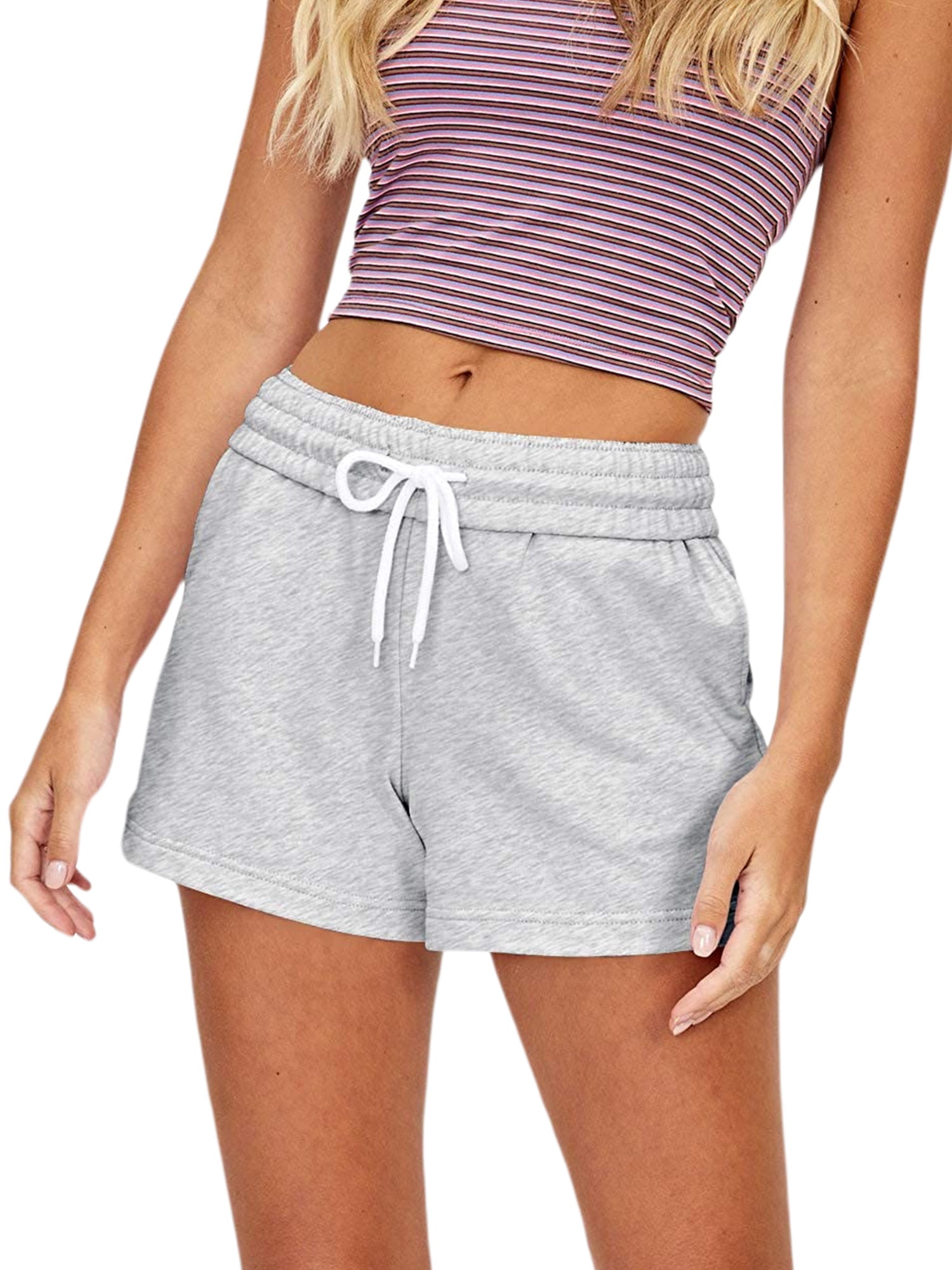 Women Solid Cotton Workout Shorts Elastic Waist Sweat Short Pants with