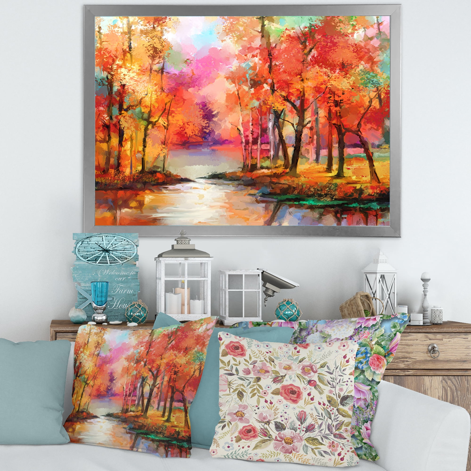 Designart 'The Lake In Autumn By Colorful Autumn Trees' Modern Framed Art Print