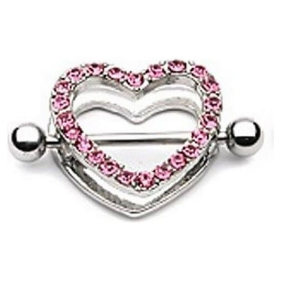 BodyJewelryOnline Nipple Shield Pair of 14G CZ Gem Paved Heart Shaped Shield with Barbell Men Women