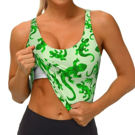 Qokaie Green Lizard Pattern Womens Scoop Neck Sports Bra Breathable Workout Vest Padded U Back Medium Impact Fitness Gym Yoga Bra Workout Crop Top