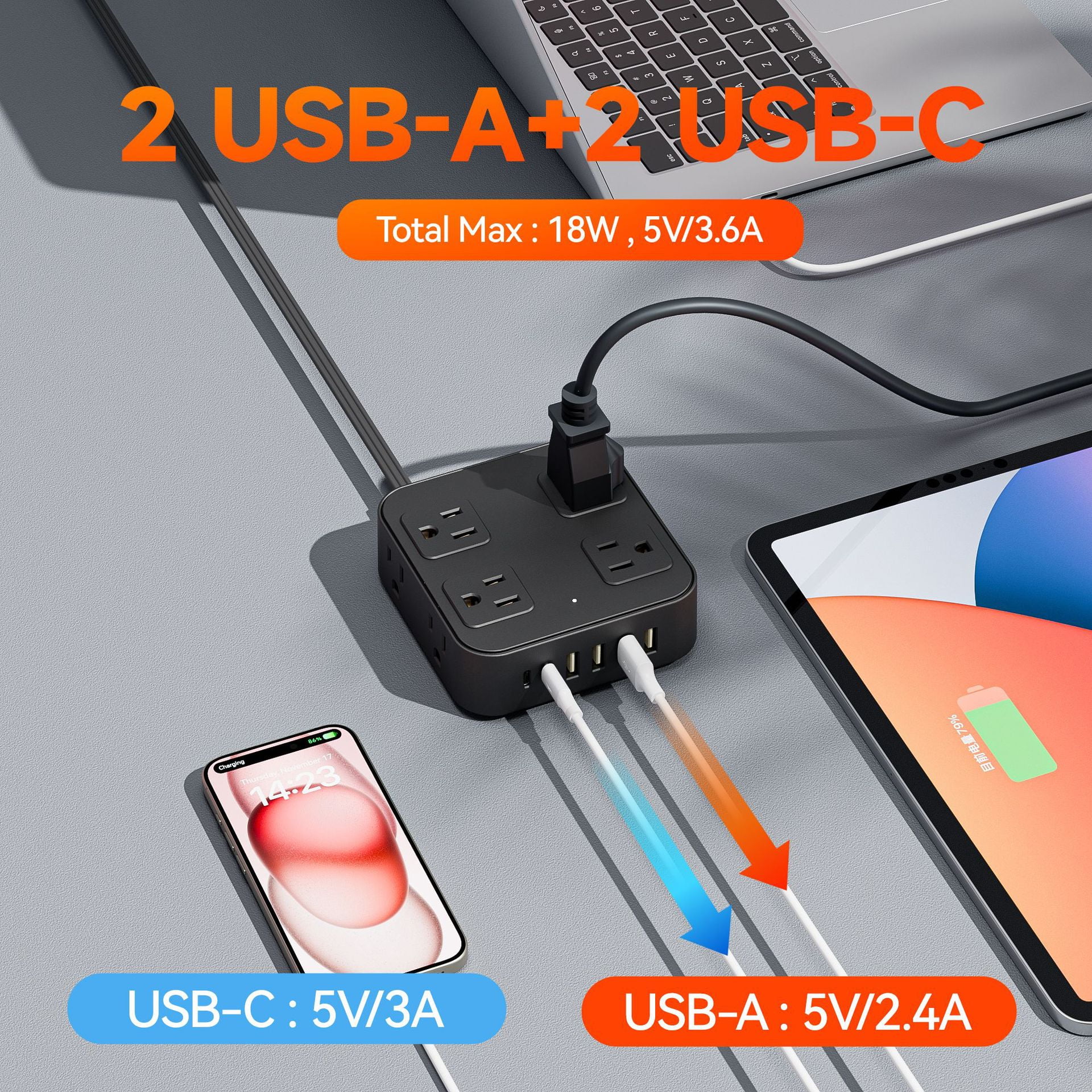 USB Charging Strip - 8 AC Outlets Extender 6 Fast-Charging USB Ports Heavy-Duty US Standard Socket with Extension Cable Multi-Device Charger Station for Office Home Travel（Black）