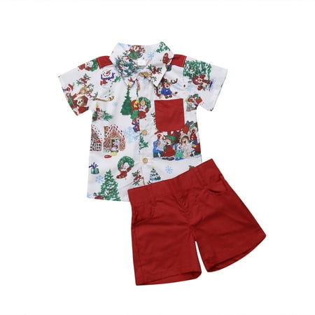 

Toddler Kid Baby Boys Christmas Button Down Short Sleeve T-Shirt+Shorts Pants 2pcs Clothing Set