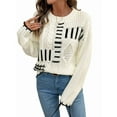 thumbnail image 3 of Women Striped Color Block Cable Knit Casual Loose Fit Crewneck Long Sleeve Drop Shoulder Fall Sweaters Cream White L, 3 of 9