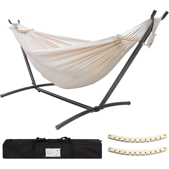 SZHLUX Double Hammock with Stand Included 450lb Capacity Steel Stand, Premium Carry Bag Included.Indoor Outdoor Brazilian-Style Cotton Bed for Backyard, Camping,Garden, Beige
