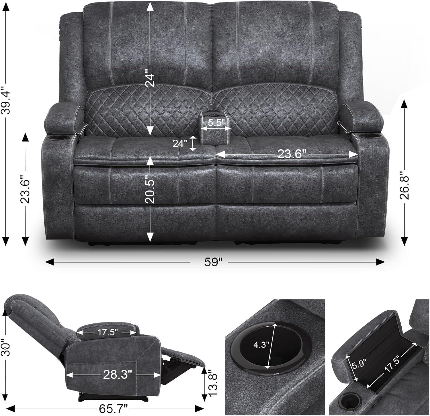 Loberfve Power Reclining Loveseat with Storage & USB Ports, Wall Hugger Recliner Sofa for Home Theater, Removable Armrests, 2-Tier Cushions, Gray