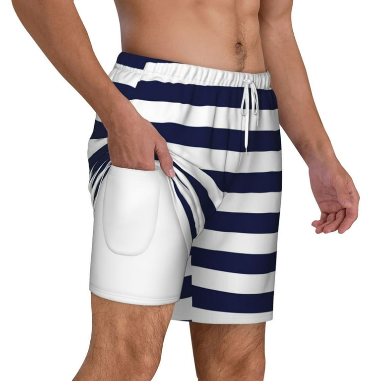 Kdxio Navy Blue And White Stripes Print Men'S Swim Trunks With