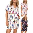 thumbnail image 4 of Aojekbee Women’s 2 Piece Pajamas Set Short Sleeve Champagne Print Button Up Shirt + Shorts Set Home Clothes, 4 of 10