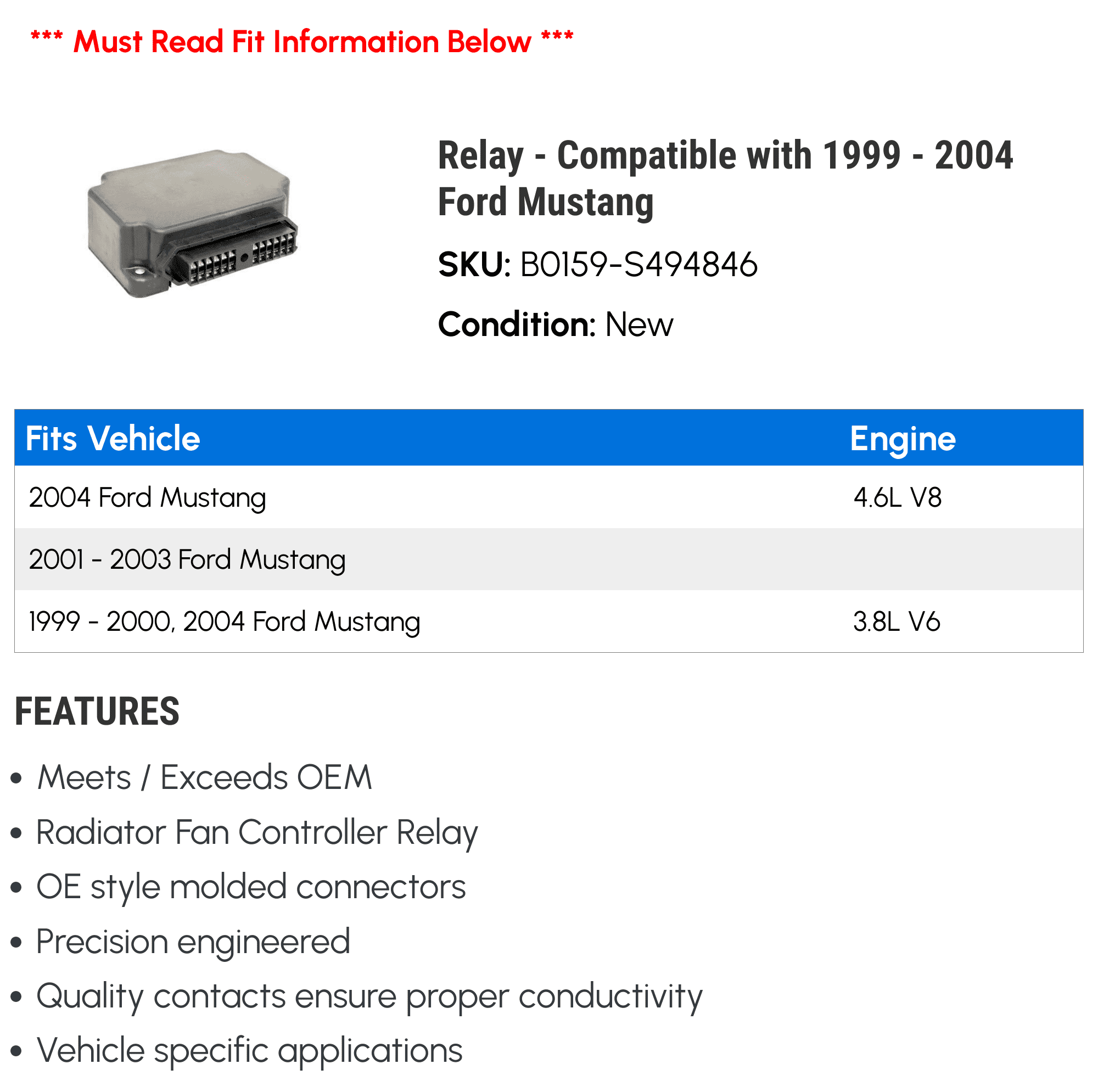 Relay - Compatible with 1999 - 2004 Ford Mustang 2000 2001 2002 2003